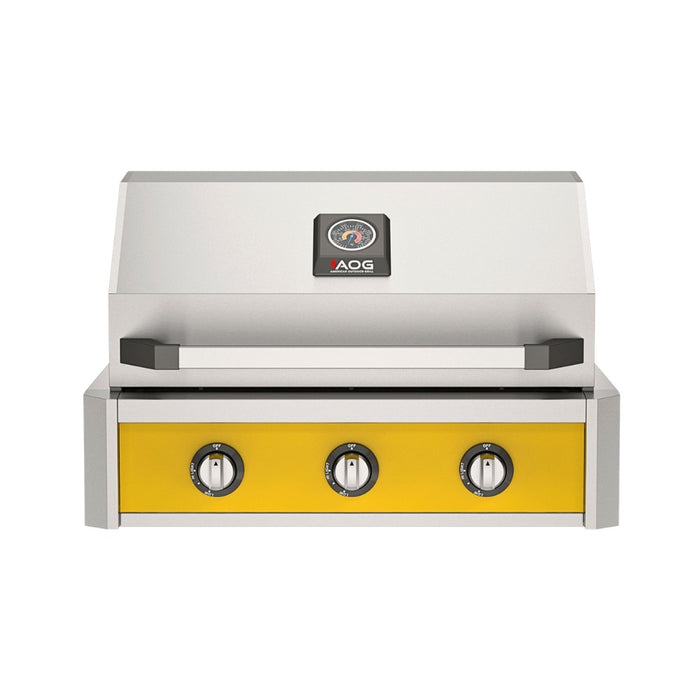 American Outdoor Grill 30" T-Series Built-in Gas Grill (yellow)— stainless steel grill head with diamond sear cooking grids and backlit comfort-touch control knobs.