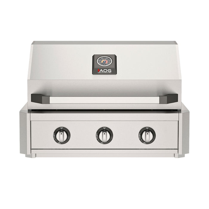 American Outdoor Grill 30" T-Series Built-in Gas Grill — stainless steel grill head with diamond sear cooking grids and backlit comfort-touch control knobs.