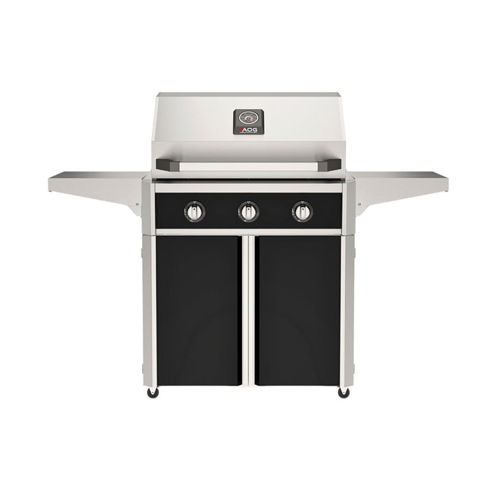 American Outdoor Grill 30" T-Series Portable Gas Grill with black accent panel and black accent panel cart base, large analog thermometer and push-button electronic ignition with backlit comfort-touch control knobs.
