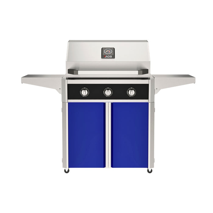 American Outdoor Grill 30" T-Series Portable Gas Grill with black accent panel and blue accent panel cart base, large analog thermometer and push-button electronic ignition with backlit comfort-touch control knobs.
