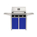 American Outdoor Grill 30" T-Series Portable Gas Grill with black accent panel and blue accent panel cart base, large analog thermometer and push-button electronic ignition with backlit comfort-touch control knobs.
