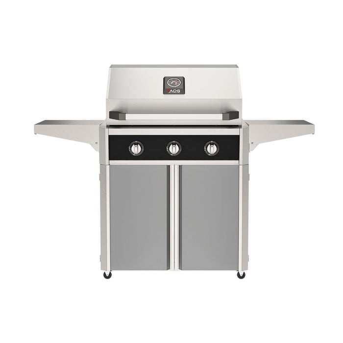 American Outdoor Grill 30" T-Series Portable Gas Grill with black accent panel and gray accent panel cart base, large analog thermometer and push-button electronic ignition with backlit comfort-touch control knobs.

