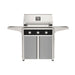 American Outdoor Grill 30" T-Series Portable Gas Grill with black accent panel and gray accent panel cart base, large analog thermometer and push-button electronic ignition with backlit comfort-touch control knobs.

