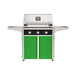 American Outdoor Grill 30" T-Series Portable Gas Grill with black accent panel and green accent panel cart base, large analog thermometer and push-button electronic ignition with backlit comfort-touch control knobs.
