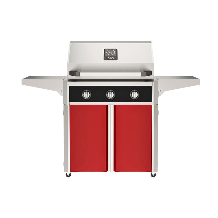 American Outdoor Grill 30" T-Series Portable Gas Grill with black accent panel and red accent panel cart base, large analog thermometer and push-button electronic ignition with backlit comfort-touch control knobs.
