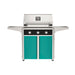 American Outdoor Grill 30" T-Series Portable Gas Grill with black accent panel and teal accent panel cart base, large analog thermometer and push-button electronic ignition with backlit comfort-touch control knobs.
