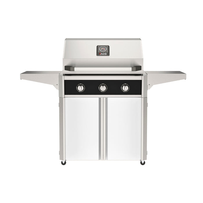 American Outdoor Grill 30" T-Series Portable Gas Grill with black accent panel and white accent panel cart base, large analog thermometer and push-button electronic ignition with backlit comfort-touch control knobs.
