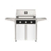 American Outdoor Grill 30" T-Series Portable Gas Grill with black accent panel and white accent panel cart base, large analog thermometer and push-button electronic ignition with backlit comfort-touch control knobs.
