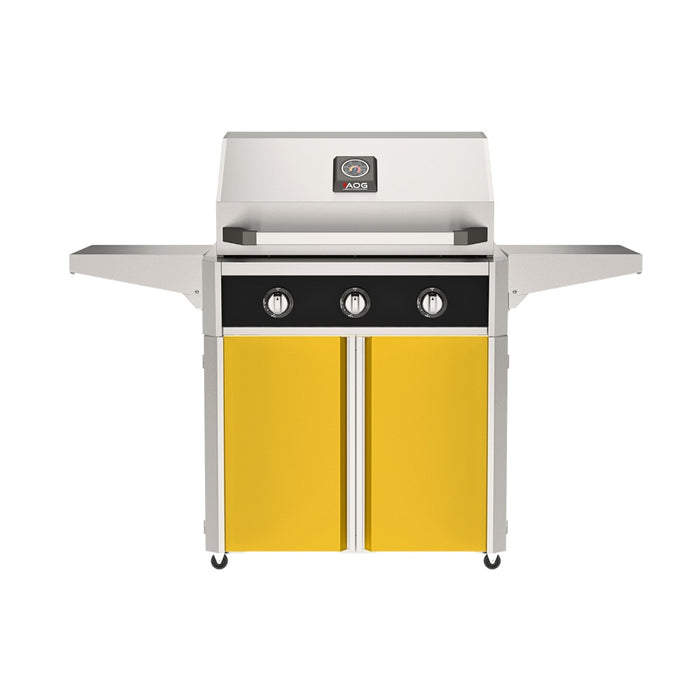 American Outdoor Grill 30" T-Series Portable Gas Grill with black accent panel and yellow accent panel cart base, large analog thermometer and push-button electronic ignition with backlit comfort-touch control knobs.

