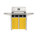 American Outdoor Grill 30" T-Series Portable Gas Grill with black accent panel and yellow accent panel cart base, large analog thermometer and push-button electronic ignition with backlit comfort-touch control knobs.
