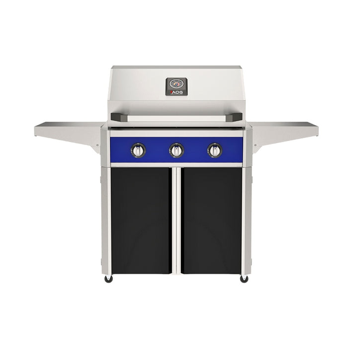 American Outdoor Grill 30" T-Series Portable Gas Grill with blue accent panel and black accent panel cart base, large analog thermometer and push-button electronic ignition with backlit comfort-touch control knobs.
