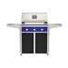 American Outdoor Grill 30" T-Series Portable Gas Grill with blue accent panel and black accent panel cart base, large analog thermometer and push-button electronic ignition with backlit comfort-touch control knobs.

