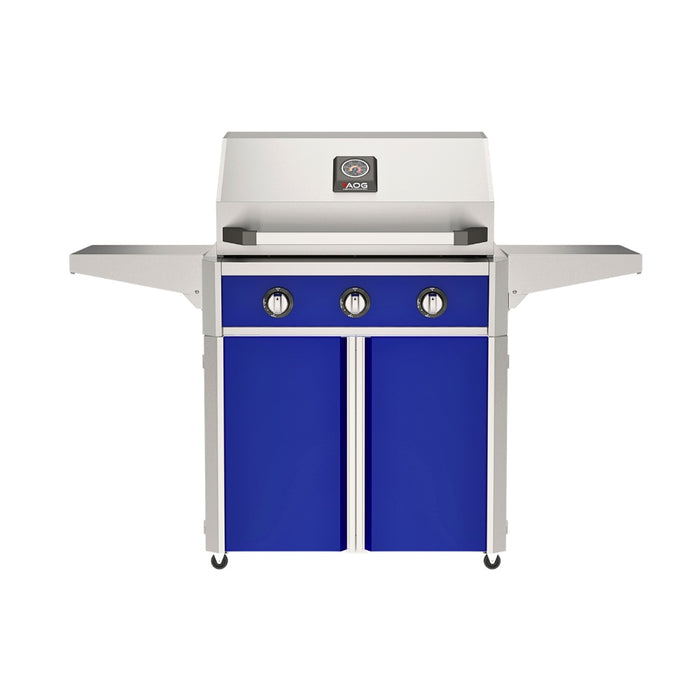 American Outdoor Grill 30" T-Series Portable Gas Grill with blue accent panel and blue accent panel cart base, large analog thermometer and push-button electronic ignition with backlit comfort-touch control knobs.
