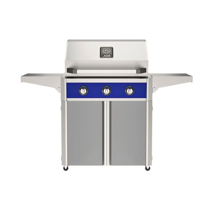 American Outdoor Grill 30" T-Series Portable Gas Grill with blue accent panel and gray accent panel cart base, large analog thermometer and push-button electronic ignition with backlit comfort-touch control knobs.
