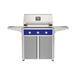 American Outdoor Grill 30" T-Series Portable Gas Grill with blue accent panel and gray accent panel cart base, large analog thermometer and push-button electronic ignition with backlit comfort-touch control knobs.
