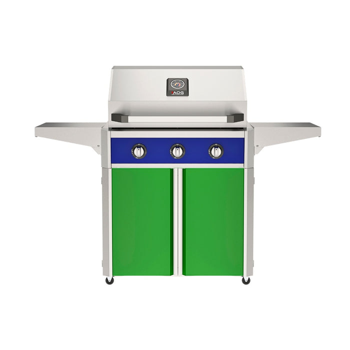 American Outdoor Grill 30" T-Series Portable Gas Grill with blue accent panel and green accent panel cart base, large analog thermometer and push-button electronic ignition with backlit comfort-touch control knobs.
