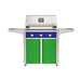 American Outdoor Grill 30" T-Series Portable Gas Grill with blue accent panel and green accent panel cart base, large analog thermometer and push-button electronic ignition with backlit comfort-touch control knobs.
