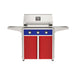 American Outdoor Grill 30" T-Series Portable Gas Grill with blue accent panel and red accent panel cart base, large analog thermometer and push-button electronic ignition with backlit comfort-touch control knobs.
