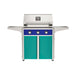 American Outdoor Grill 30" T-Series Portable Gas Grill with blue accent panel and teal accent panel cart base, large analog thermometer and push-button electronic ignition with backlit comfort-touch control knobs.

