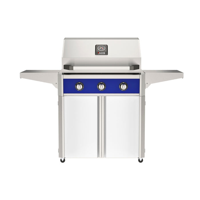 American Outdoor Grill 30" T-Series Portable Gas Grill with blue accent panel and white accent panel cart base, large analog thermometer and push-button electronic ignition with backlit comfort-touch control knobs.

