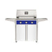 American Outdoor Grill 30" T-Series Portable Gas Grill with blue accent panel and white accent panel cart base, large analog thermometer and push-button electronic ignition with backlit comfort-touch control knobs.

