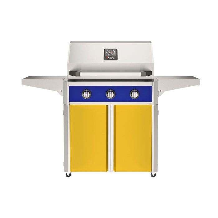 American Outdoor Grill 30" T-Series Portable Gas Grill with blue accent panel and yellow accent panel cart base, large analog thermometer and push-button electronic ignition with backlit comfort-touch control knobs.
