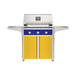 American Outdoor Grill 30" T-Series Portable Gas Grill with blue accent panel and yellow accent panel cart base, large analog thermometer and push-button electronic ignition with backlit comfort-touch control knobs.
