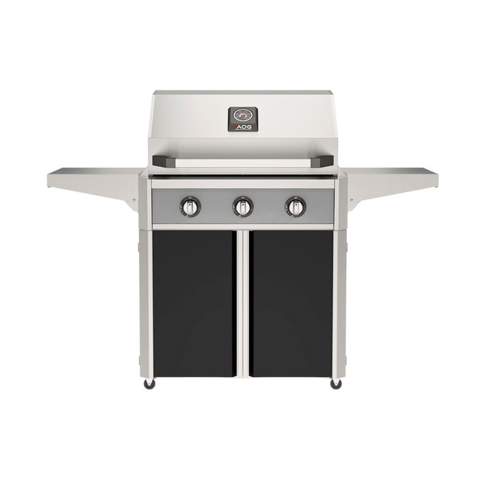 American Outdoor Grill 30" T-Series Portable Gas Grill with gray accent panel and black accent panel cart base, large analog thermometer and push-button electronic ignition with backlit comfort-touch control knobs.
