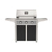 American Outdoor Grill 30" T-Series Portable Gas Grill with gray accent panel and black accent panel cart base, large analog thermometer and push-button electronic ignition with backlit comfort-touch control knobs.
