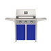American Outdoor Grill 30" T-Series Portable Gas Grill with gray accent panel and blue accent panel cart base, large analog thermometer and push-button electronic ignition with backlit comfort-touch control knobs.
