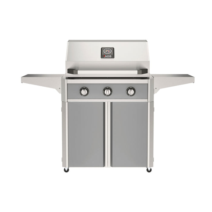 American Outdoor Grill 30" T-Series Portable Gas Grill with gray accent panel and gray accent panel cart base, large analog thermometer and push-button electronic ignition with backlit comfort-touch control knobs.
