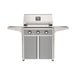 American Outdoor Grill 30" T-Series Portable Gas Grill with gray accent panel and gray accent panel cart base, large analog thermometer and push-button electronic ignition with backlit comfort-touch control knobs.
