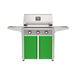 American Outdoor Grill 30" T-Series Portable Gas Grill with gray accent panel and green accent panel cart base, large analog thermometer and push-button electronic ignition with backlit comfort-touch control knobs.
