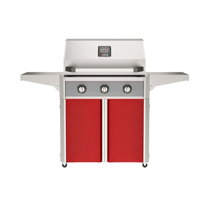 American Outdoor Grill 30" T-Series Portable Gas Grill with gray accent panel and red accent panel cart base, large analog thermometer and push-button electronic ignition with backlit comfort-touch control knobs.
