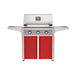 American Outdoor Grill 30" T-Series Portable Gas Grill with gray accent panel and red accent panel cart base, large analog thermometer and push-button electronic ignition with backlit comfort-touch control knobs.
