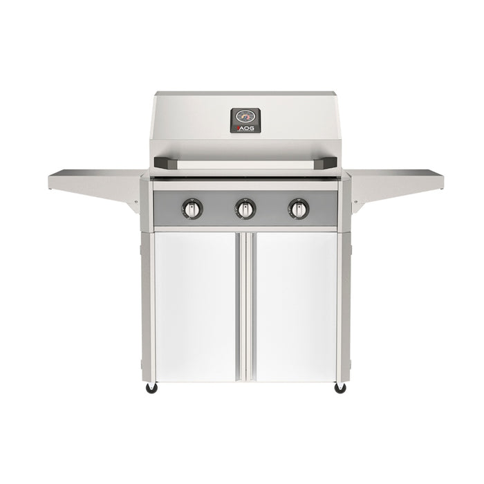 American Outdoor Grill 30" T-Series Portable Gas Grill with gray accent panel and white accent panel cart base, large analog thermometer and push-button electronic ignition with backlit comfort-touch control knobs.

