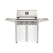 American Outdoor Grill 30" T-Series Portable Gas Grill with gray accent panel and white accent panel cart base, large analog thermometer and push-button electronic ignition with backlit comfort-touch control knobs.
