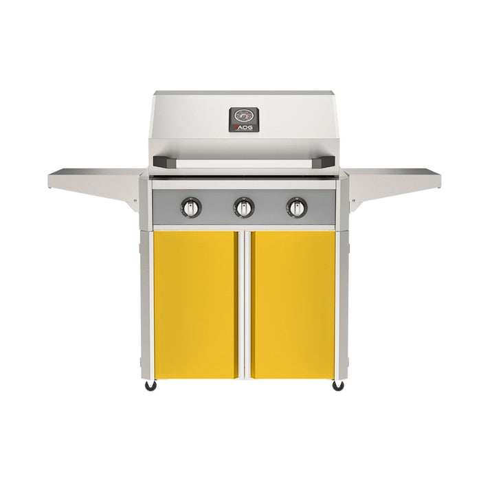 American Outdoor Grill 30" T-Series Portable Gas Grill with gray accent panel and yellow accent panel cart base, large analog thermometer and push-button electronic ignition with backlit comfort-touch control knobs.

