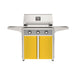 American Outdoor Grill 30" T-Series Portable Gas Grill with gray accent panel and yellow accent panel cart base, large analog thermometer and push-button electronic ignition with backlit comfort-touch control knobs.
