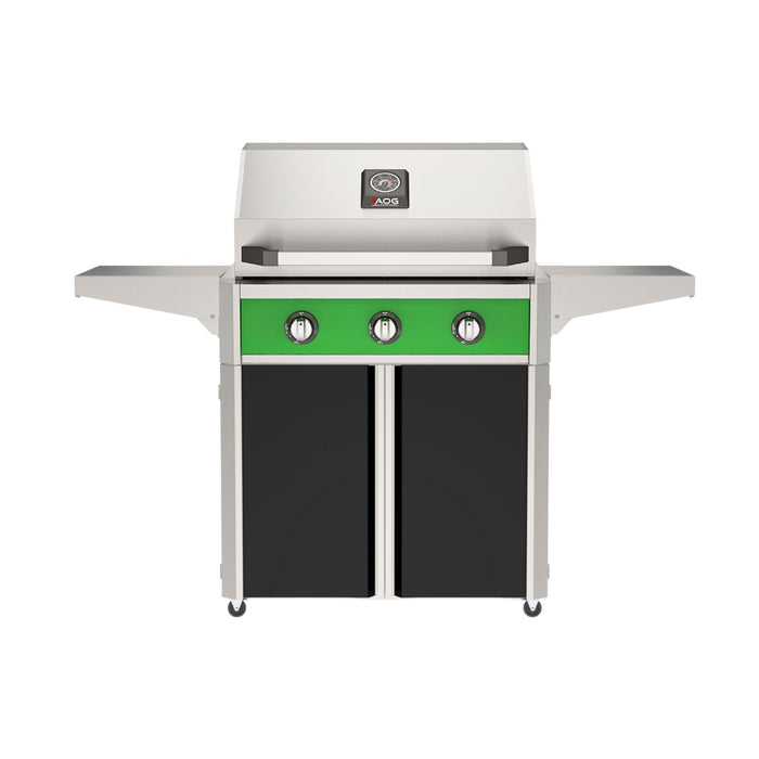 American Outdoor Grill 30" T-Series Portable Gas Grill with green accent panel and black accent panel cart base, large analog thermometer and push-button electronic ignition with backlit comfort-touch control knobs.
