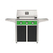 American Outdoor Grill 30" T-Series Portable Gas Grill with green accent panel and black accent panel cart base, large analog thermometer and push-button electronic ignition with backlit comfort-touch control knobs.
