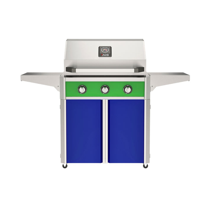 American Outdoor Grill 30" T-Series Portable Gas Grill with green accent panel and blue accent panel cart base, large analog thermometer and push-button electronic ignition with backlit comfort-touch control knobs.

