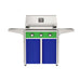 American Outdoor Grill 30" T-Series Portable Gas Grill with green accent panel and blue accent panel cart base, large analog thermometer and push-button electronic ignition with backlit comfort-touch control knobs.
