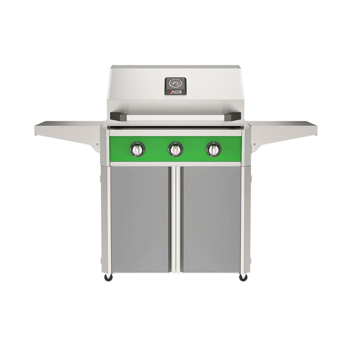 American Outdoor Grill 30" T-Series Portable Gas Grill with green accent panel and gray accent panel cart base, large analog thermometer and push-button electronic ignition with backlit comfort-touch control knobs.
