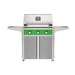 American Outdoor Grill 30" T-Series Portable Gas Grill with green accent panel and gray accent panel cart base, large analog thermometer and push-button electronic ignition with backlit comfort-touch control knobs.
