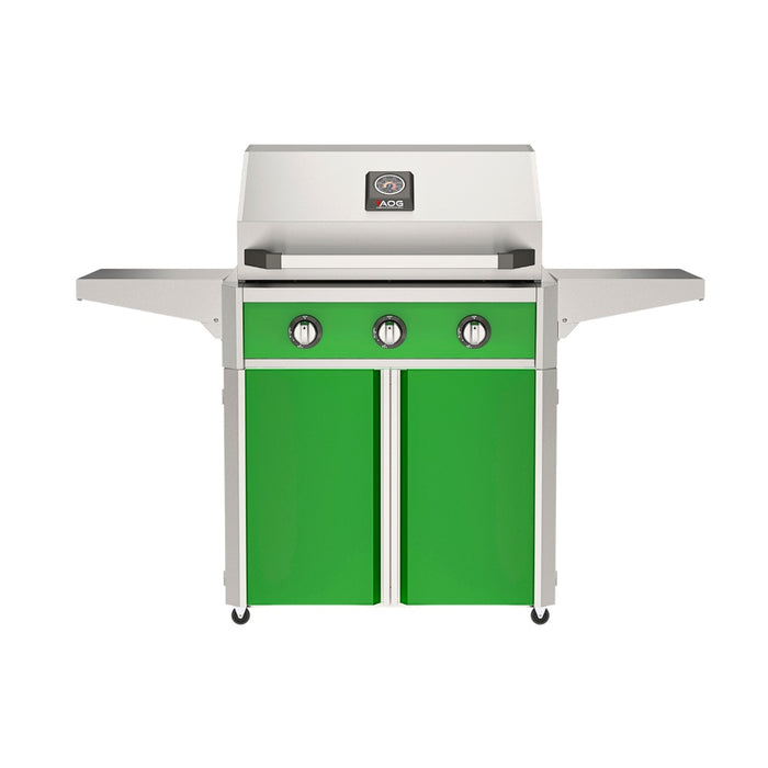 American Outdoor Grill 30" T-Series Portable Gas Grill with green accent panel and green accent panel cart base, large analog thermometer and push-button electronic ignition with backlit comfort-touch control knobs.
