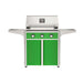 American Outdoor Grill 30" T-Series Portable Gas Grill with green accent panel and green accent panel cart base, large analog thermometer and push-button electronic ignition with backlit comfort-touch control knobs.
