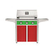 American Outdoor Grill 30" T-Series Portable Gas Grill with green accent panel and red accent panel cart base, large analog thermometer and push-button electronic ignition with backlit comfort-touch control knobs.
