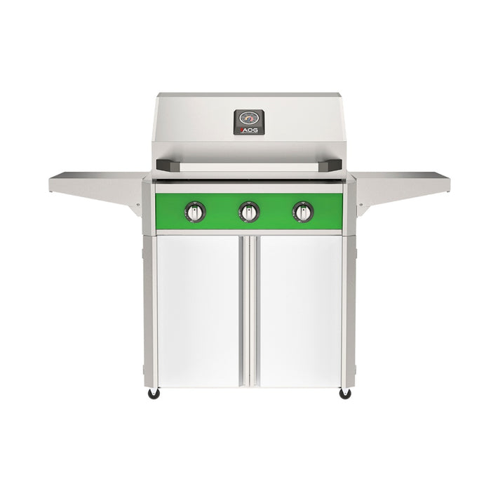 American Outdoor Grill 30" T-Series Portable Gas Grill with green accent panel and white accent panel cart base, large analog thermometer and push-button electronic ignition with backlit comfort-touch control knobs.

