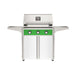 American Outdoor Grill 30" T-Series Portable Gas Grill with green accent panel and white accent panel cart base, large analog thermometer and push-button electronic ignition with backlit comfort-touch control knobs.

